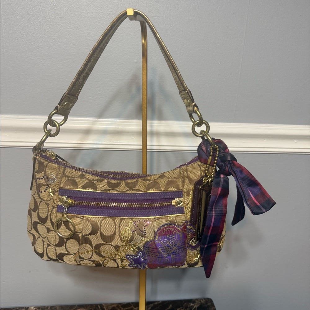 Coach Poppy Tartan Appliqué Groovy Shoulder Bag Brown Purple - Picture 3 of 17